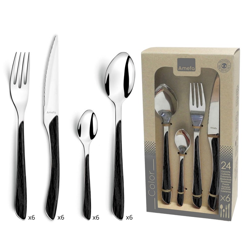 Amefa مجموعة أدوات المائدة والأواني الفضية من أميفا إكلا 24 قطعة بمقبض خشبي أسود من الفولاذ المقاوم للصدأ لـ 6-18/0 مع سكاكين ستيك، وشوك، وملاعق - آمنة للغسل في غسالة الصحون - أدوات مائدة سوداء - Image 1